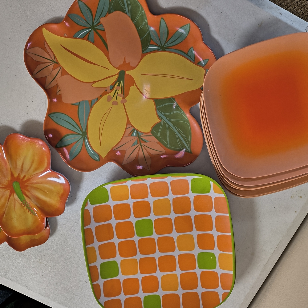 Vibrant Floral and Checkered Plate Set